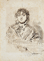 PORTRAIT OF A YOUNG WOMAN SITTING AT A TABLE, IN FRONT OF A BOOK